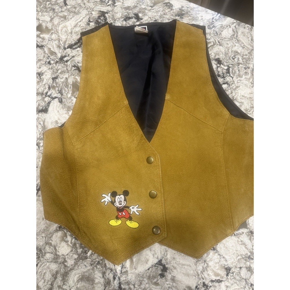 Disney Mickey Unlimited Suede Leather Vest S/M Brown Embroidered Mickey Vintage